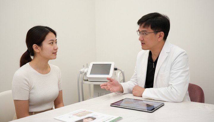 醫師操作專利探頭進行水飛梭保濕清潔 水飛梭保濕療程後呈現的水嫩飽滿膚質 透過海菲秀儀器完成水飛梭保濕深度導入