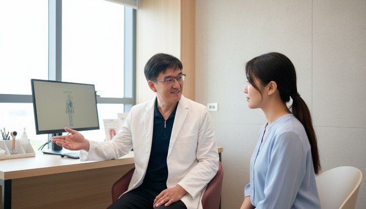 [吳醫師正在進行專業的消除眼袋推薦評估] [內開手術改善顯老問題消除眼袋推薦圖示] [展示明亮雙眼效果的消除眼袋推薦對比圖] [診所舒適環境提供最優質消除眼袋推薦服務]