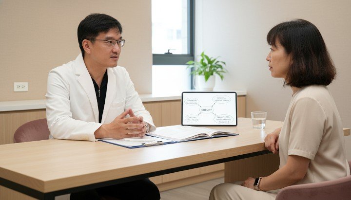 醫師與患者討論減肥針三高治療方案 測量血壓數值以評估減肥針三高成效 顯示肝臟影像並說明減肥針三高助益 專業診所環境提供減肥針三高療程諮詢