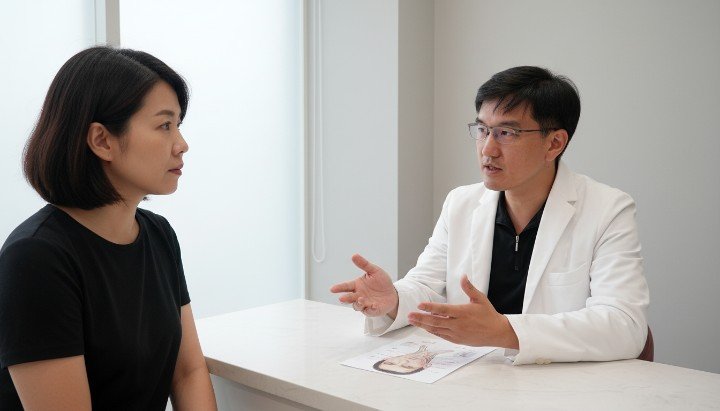 醫師細心評估患者面部實施埋線拉提 展現自然緊緻輪廓線的埋線拉提效果 醫美診所內進行專業精準埋線拉提過程