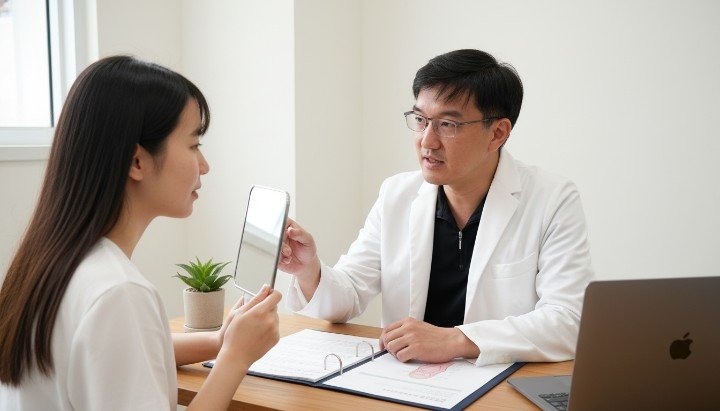 專業醫師診斷患者臉部狀況評估複合式治療 藍光LED照射滅菌是複合式治療重要環節 透過皮秒雷射輔助複合式治療能預防凹疤 醫師操作精密儀器進行痘痘複合式治療過程