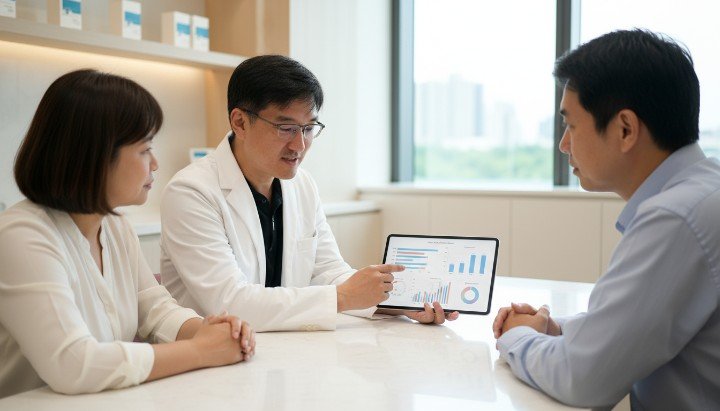 [醫師正在向患者解釋醫學美容保養的長期規劃流程] [展現健康肌膚質感的醫學美容保養視覺宣傳圖] [醫學美容保養療程中的專業診所環境與光學儀器] [呈現女性術後自信笑容的醫學美容保養成功案例示意]