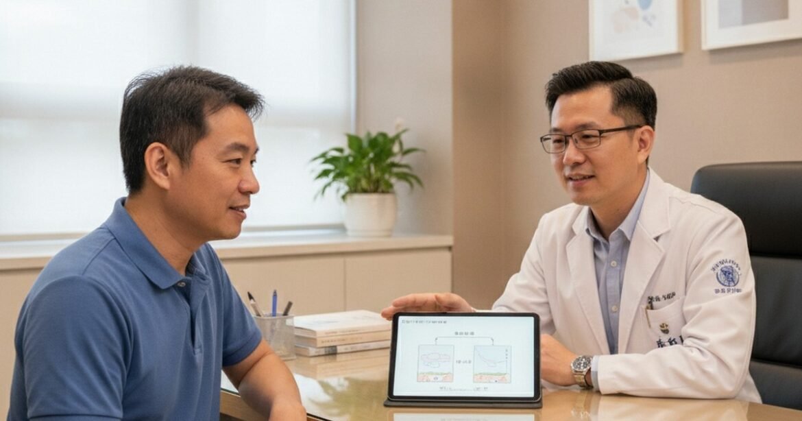 吳芮醫師為男性患者評估皮膚狀況，專注於油光與痘疤問題。